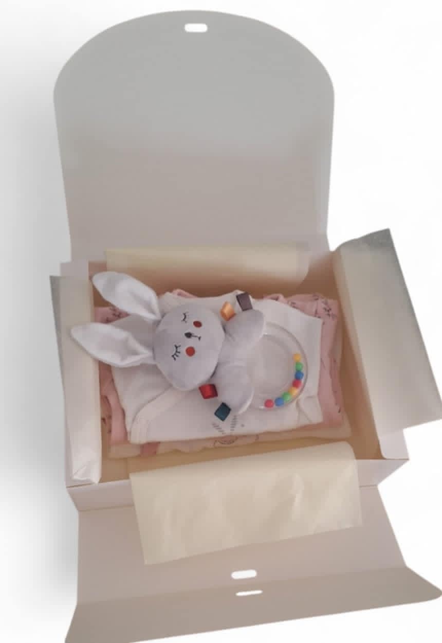 Coffret fille 1 mois. (2 pyjamas, body, et hochet.)